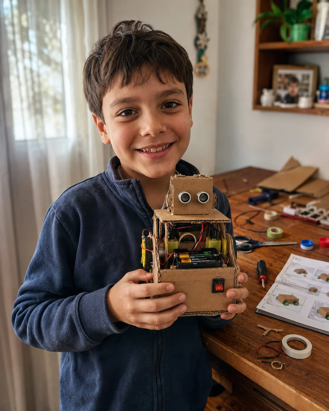 Niño orgulloso muestra su robot