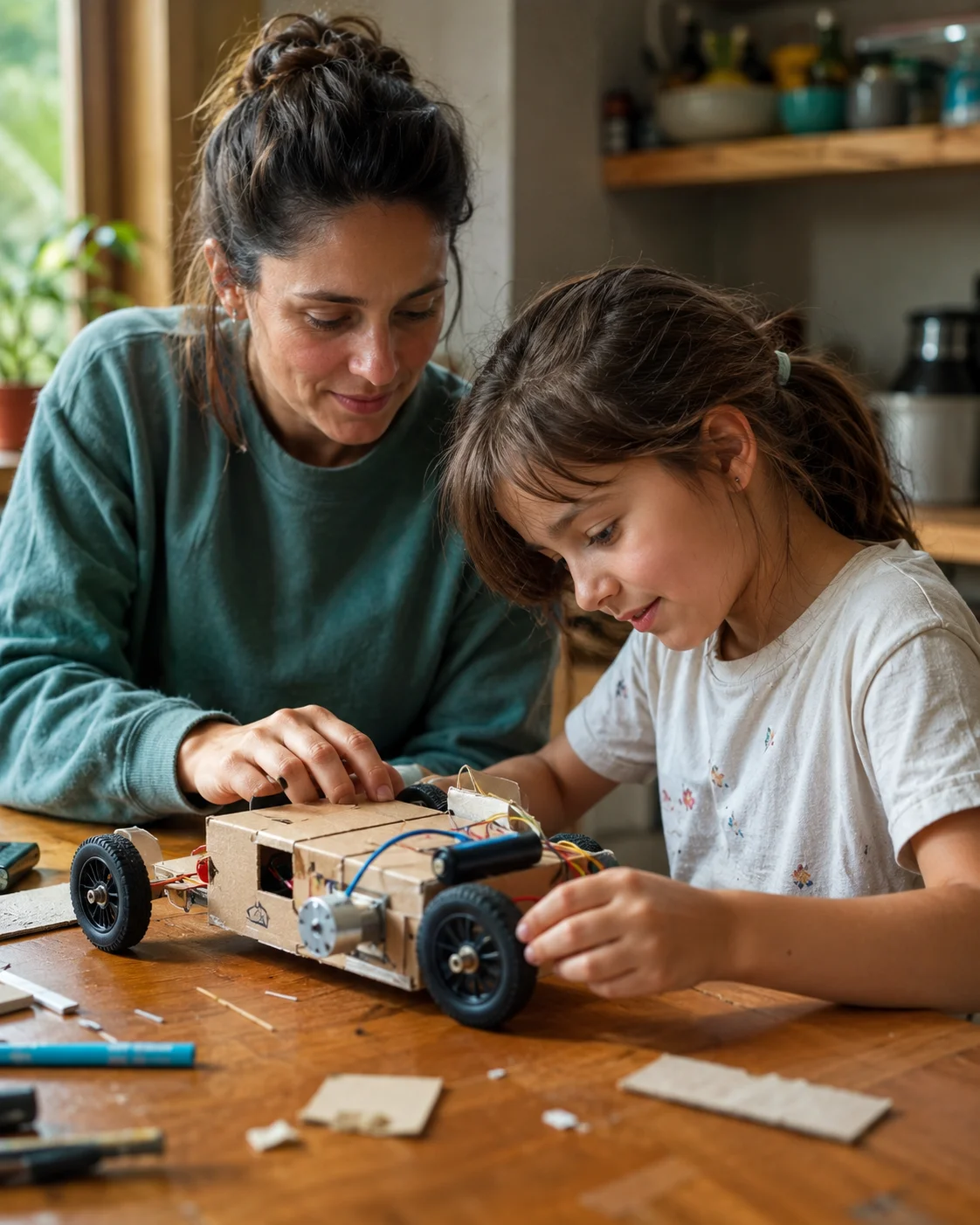 Mamá e hija construyen un autito
