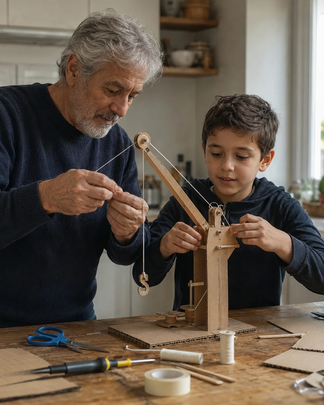 Abuelo y nieto construyen una grúa